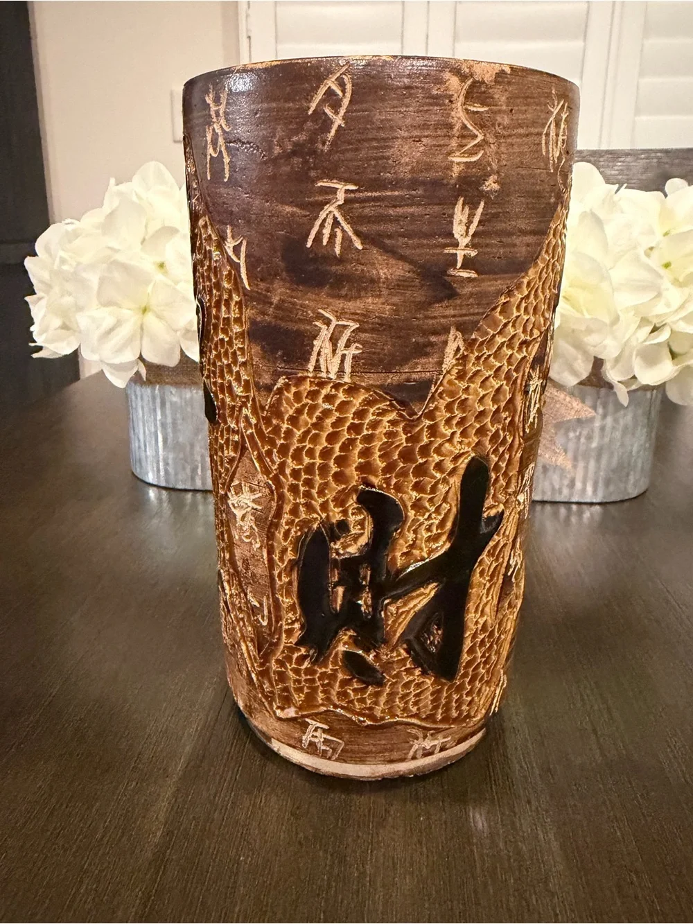 Vintage Hand Carved Chinese Clay Dragon Vase Tang Dynasty Poem Relief Potter